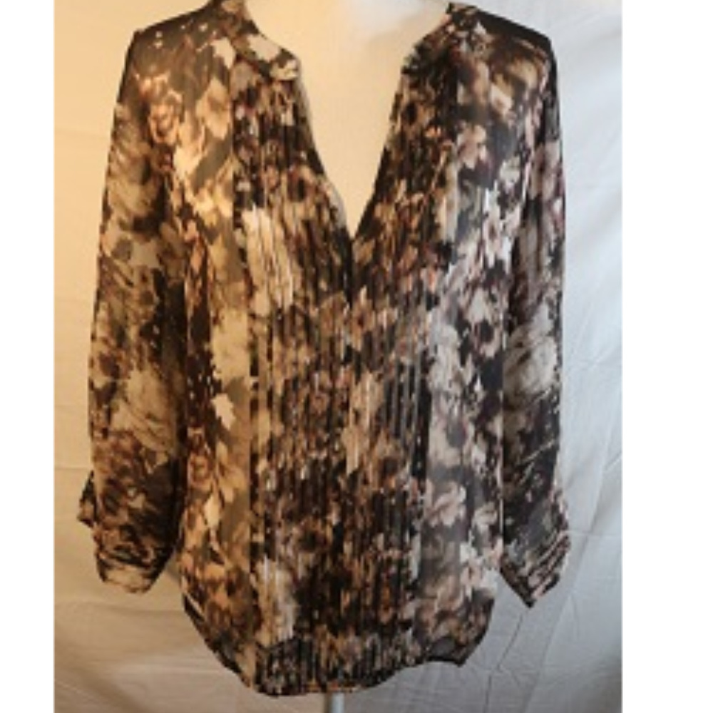 New York & CO Sheer Brown Patterned LS Blouse XL